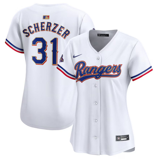 Women's Texas Rangers #31 Max Scherzer White 2024 Gold Collection Stitched Baseball Jersey(Run Small)
